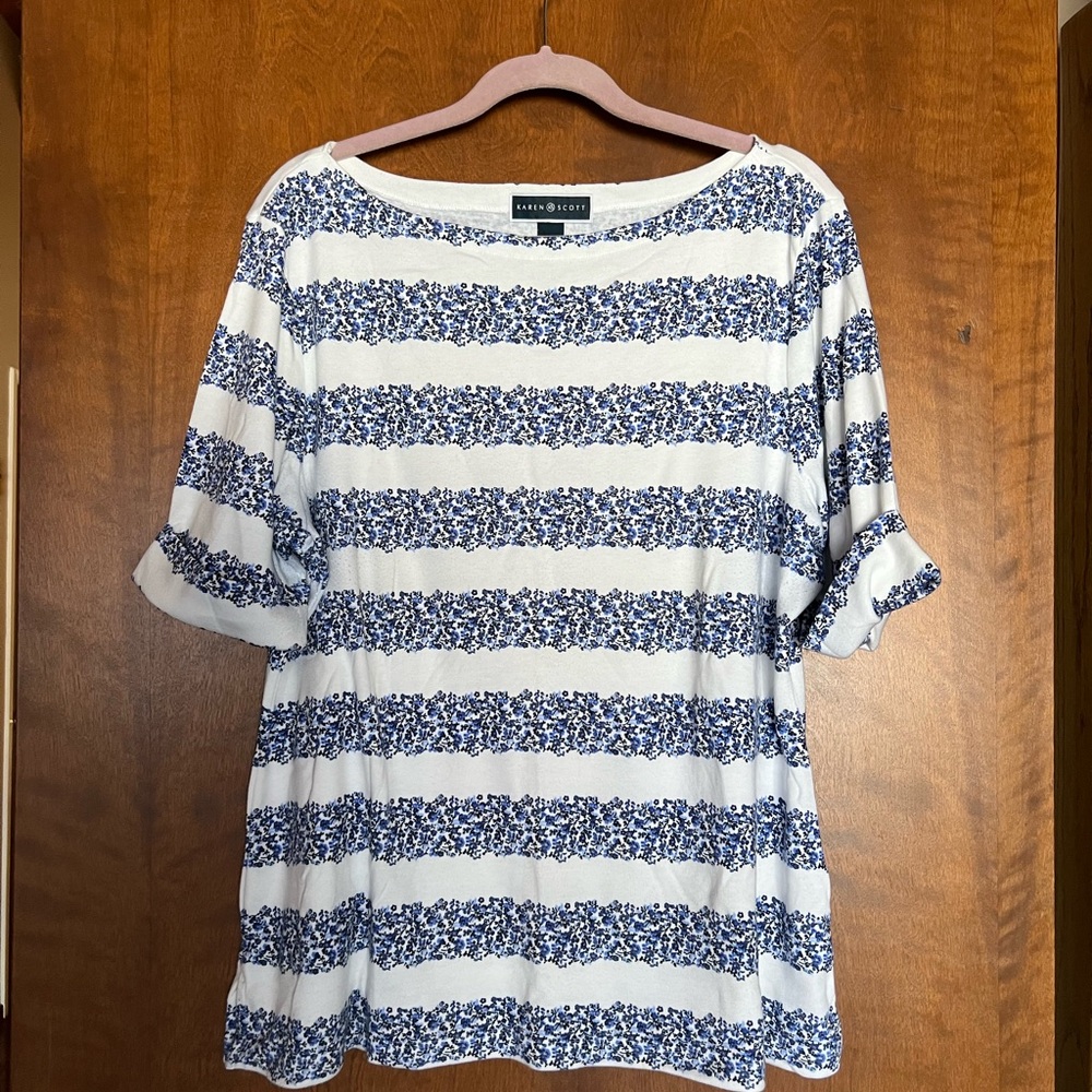Karen Scott Floral Striped Short Sleeve Top